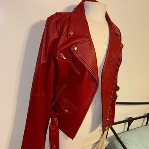 Veda Red Leather Moto Jacket with Asymmetrical Zip